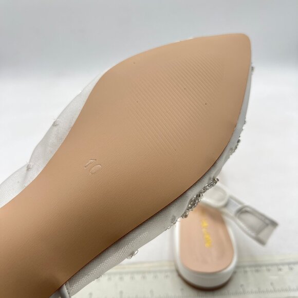 White Mesh Pearl Bridal Slingback Pump Pointed Toe Slip On Low Heel Wedding Shoe - Picture 5 of 7